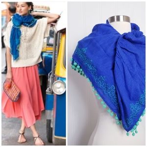 Anthropologie Floreat Royal Blue Pom Pom Scarf Wool Blend Lightweight Boho Chic